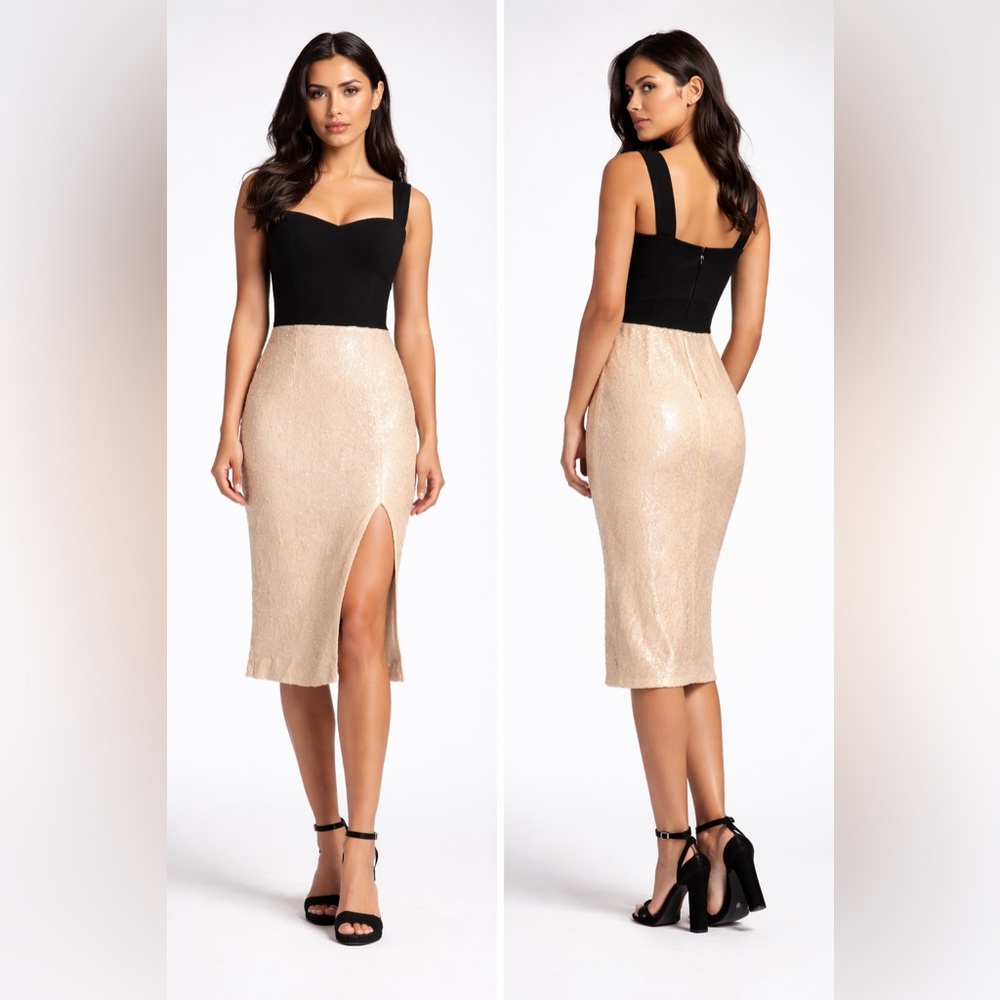 NWT Dress the Population Malise Sequin Midi Dress XS Black Cream Slit Cocktail